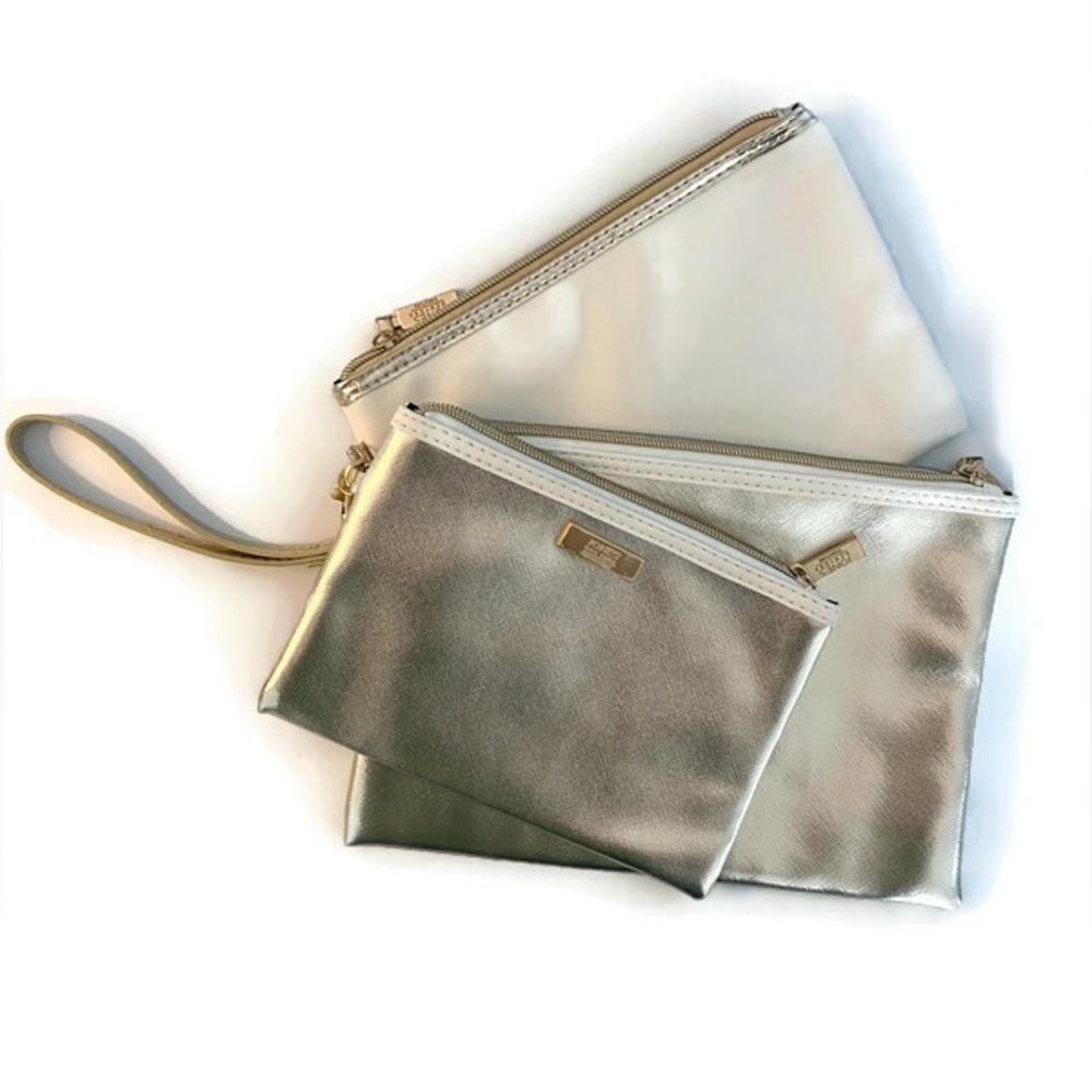 Jones New York Cosmetic Makeup Bag Gift Set of 3 Silver Cream Shimmer Signature